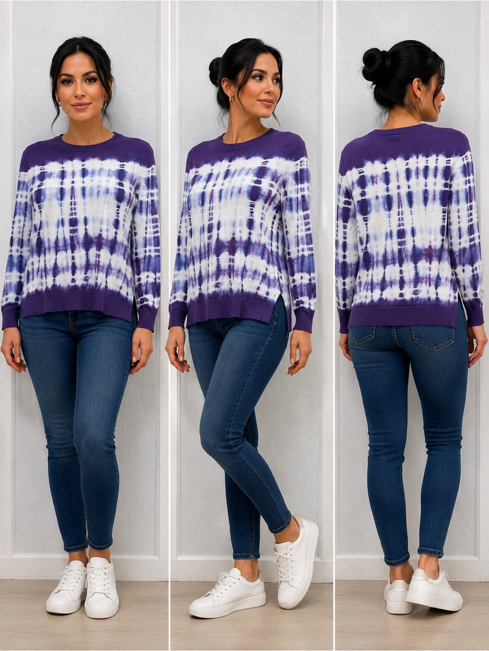 Nicole Miller Purple and White Tie-Dye Crewneck Sweater